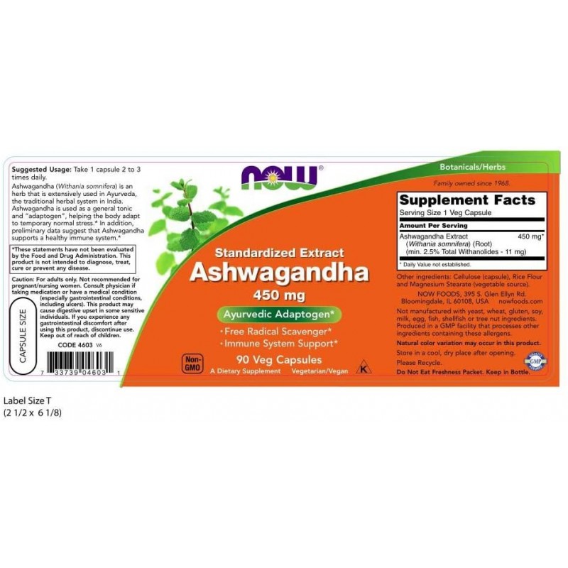 NOW Ashwagandha Ekstrakt 450 mg 90 kapslit foto
