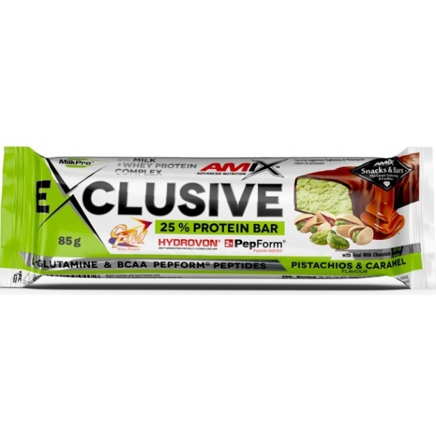 Amix Nutrition Exclusive® valgubatoon 85 g - pistaatsiapähklid ja karamell foto