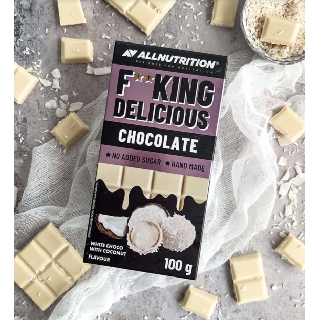AllNutrition F**KING DELICIOUS chocolate 100 g - baltas šokoladas su kokosu paveikslėlį AllNutrition F**KING DELICIOUS chocolate 100 g - baltas šokoladas su kokosu nuotrauka