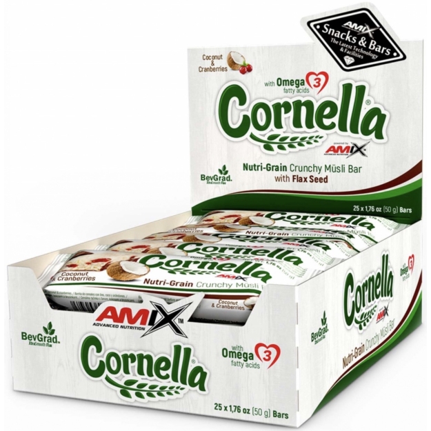 Cornella® Kraukšķīgs musli batoniņš 25x50 g - kokosrieksts un dzērvenes