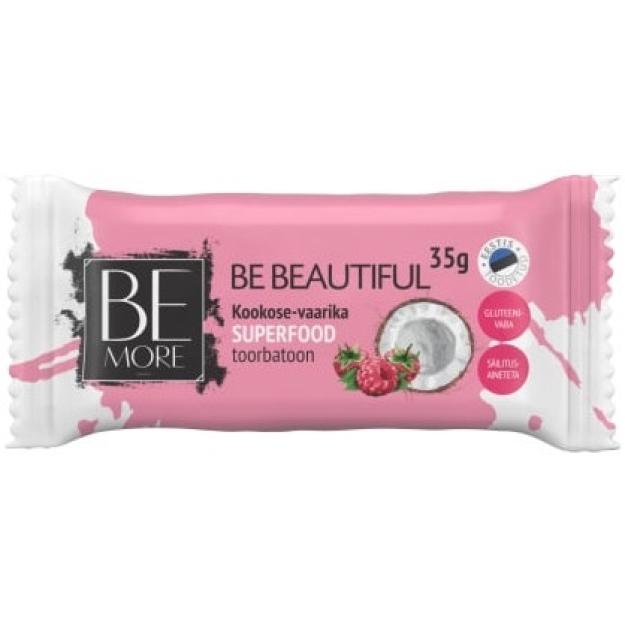 Be more Be Beautiful kokoso-aviečių supermaisto žalias batonėlis 35 g paveikslėlį Be more Be Beautiful kokoso-aviečių supermaisto žalias batonėlis 35 g nuotrauka