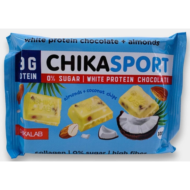 Bombbar Chika Sport white chocolate with almonds and coconut chips 100 g picture Bombbar Chika Sport white chocolate with almonds and coconut chips 100 g photo