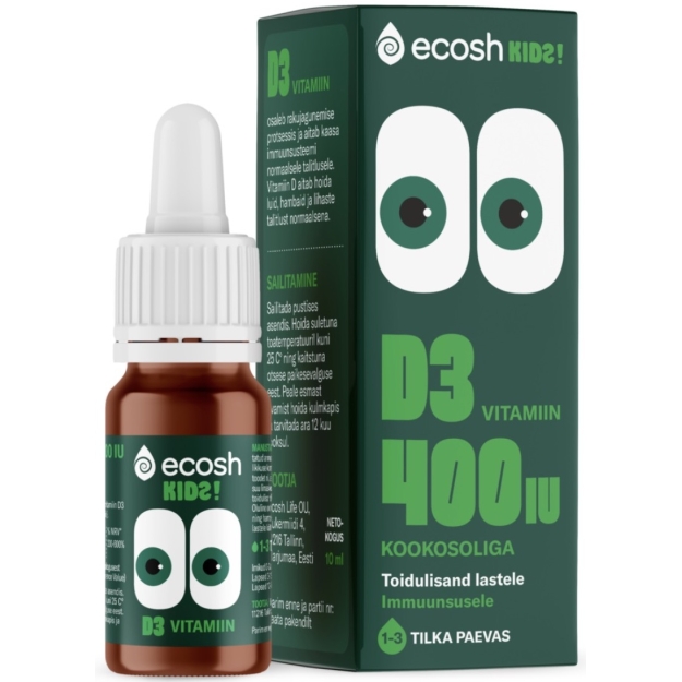 Vitaminas D3 400 IU kokosų aliejaus lašai 10 ml, vaikams