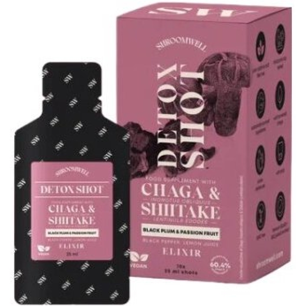 Shroomwell Immuno Elixir Shot (25 ml x 10 gab) - Melnā plūme & Granadils Shroomwell Immuno Elixir Shot (25 ml x 10 gab) - Melnā plūme & Granadils