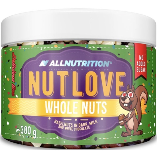 AllNutrition Nutlove whole nuts lazdyno riešutai juodajame, pieniniame ir baltame šokolade 300 g paveikslėlį AllNutrition Nutlove whole nuts lazdyno riešutai juodajame, pieniniame ir baltame šokolade 300 g nuotrauka