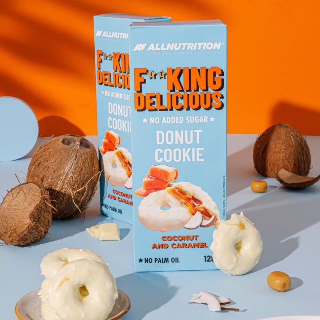 AllNutrition Fitking Delicious Donut Cookie 128 g - Kokosrieksts un karamele AllNutrition Fitking Delicious Donut Cookie 128 g - Kokosrieksts un karamele