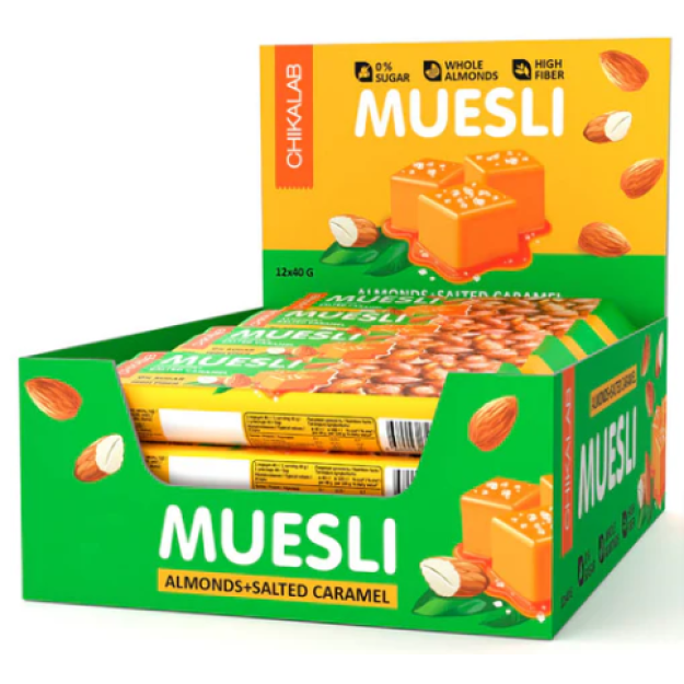 Bombbar ChikaLab Muesli 40 g - Migdolų ir sūdyta karamelė Bombbar ChikaLab Muesli 40 g - Migdolų ir sūdyta karamelė