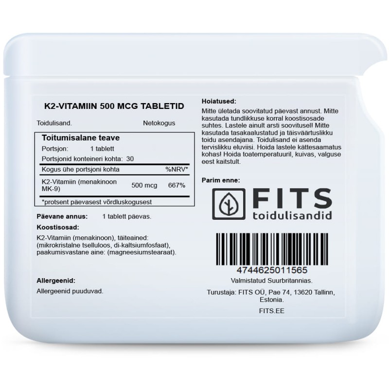 FITS K2-Vitamiin MK7 500 mcg tabletid foto