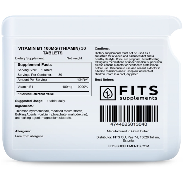 FITS Vitamin B1 100mg (Thiamin) 90 tabletes bilde FITS Vitamin B1 100mg (Thiamin) 90 tabletes fotogrāfija