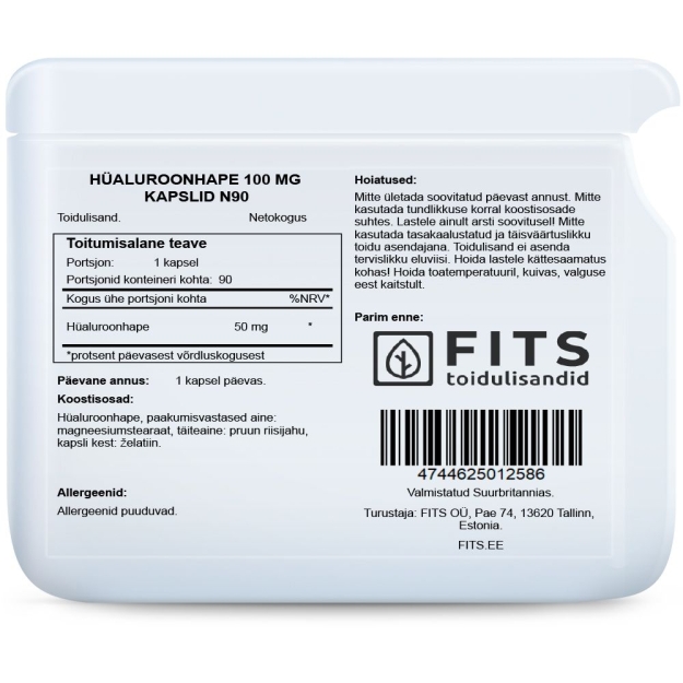FITS Hialurono rūgštis 100mg kapsulės N90 paveikslėlį FITS Hialurono rūgštis 100mg kapsulės N90 nuotrauka
