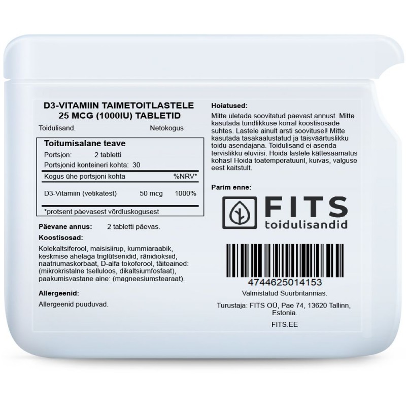 FITS D3-Vitamiin taimetoitlastele 25 mcg (1000IU) tabletid foto