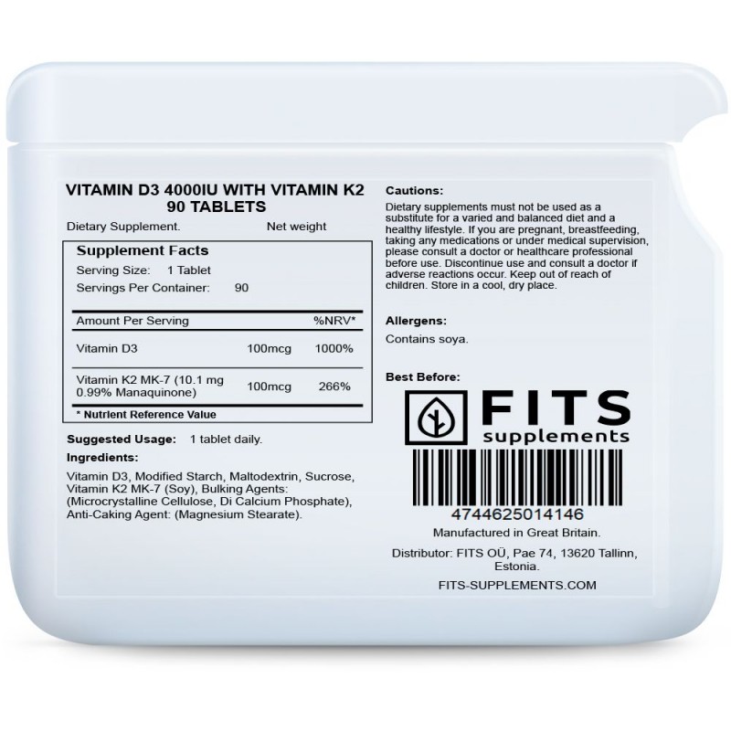 FITS D3-Vitamiin 100 mcg (4000IU), K2-Vitamiin tabletid N90 foto
