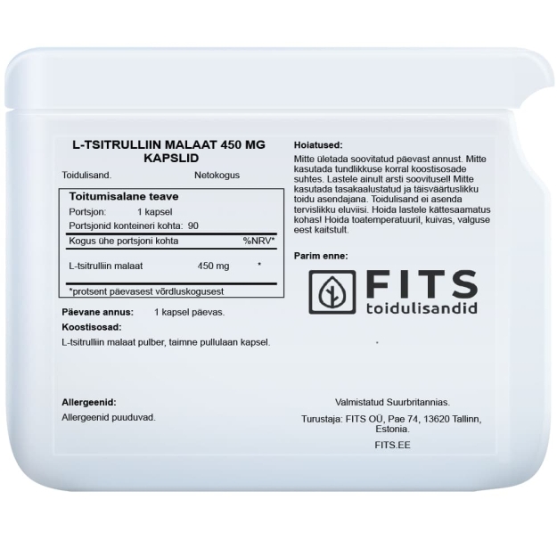 FITS L-citrulino Malato 450mg kapsulės paveikslėlį FITS L-citrulino Malato 450mg kapsulės nuotrauka