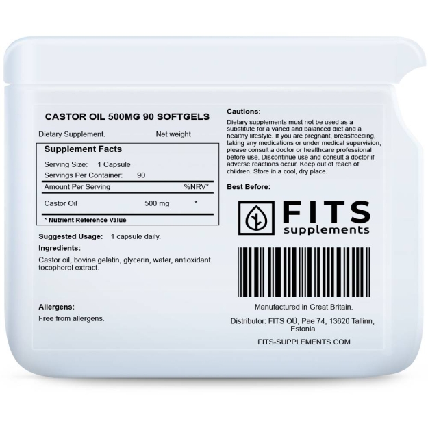 FITS Castor Oil 500mg 90 kapsulas bilde FITS Castor Oil 500mg 90 kapsulas fotogrāfija