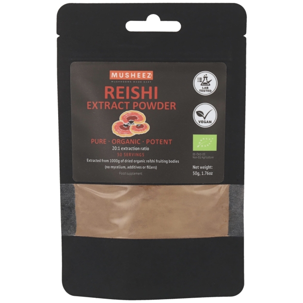 Musheez Reishi ekstrakta pulveris organisks 50 g bilde Musheez Reishi ekstrakta pulveris organisks 50 g fotogrāfija