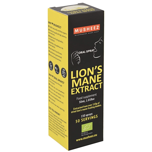 Musheez Liūto karčių-koralų juostelė (Lion's mane) ekologiškas purškiklis 30 ml paveikslėlį Musheez Liūto karčių-koralų juostelė (Lion's mane) ekologiškas purškiklis 30 ml nuotrauka
