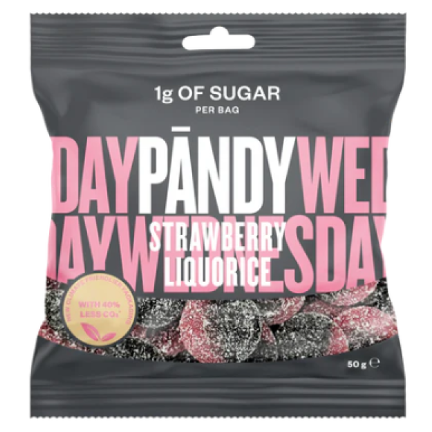 Pändy Košļājamās konfektes lakrica ar zemenēm bez cukura 50 g Pändy Košļājamās konfektes lakrica ar zemenēm bez cukura 50 g
