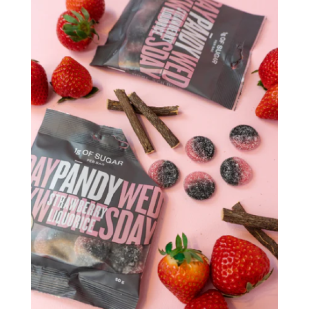 Pändy Košļājamās konfektes lakrica ar zemenēm bez cukura 50 g Pändy Košļājamās konfektes lakrica ar zemenēm bez cukura 50 g