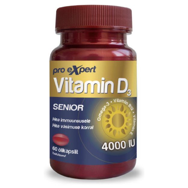 Pro Expert Vitamin D3 Pro Expert Senior 4000 IU 60 geelkapslit pilt Pro Expert Vitamin D3 Pro Expert Senior 4000 IU 60 geelkapslit foto