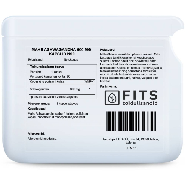 FITS Organic Ashwagandha 600mg kapsulas N90 bilde FITS Organic Ashwagandha 600mg kapsulas N90 fotogrāfija