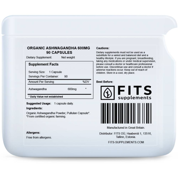 FITS Organic Ashwagandha 600mg kapsulas N90 bilde FITS Organic Ashwagandha 600mg kapsulas N90 fotogrāfija