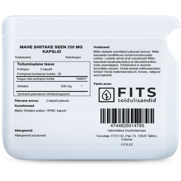 FITS Bio Šiitake 250mg kapsulės paveikslėlį FITS Bio Šiitake 250mg kapsulės nuotrauka
