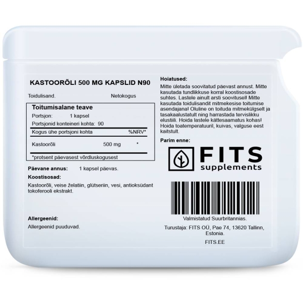 FITS Castor Oil 500mg 90 kapsulas bilde FITS Castor Oil 500mg 90 kapsulas fotogrāfija