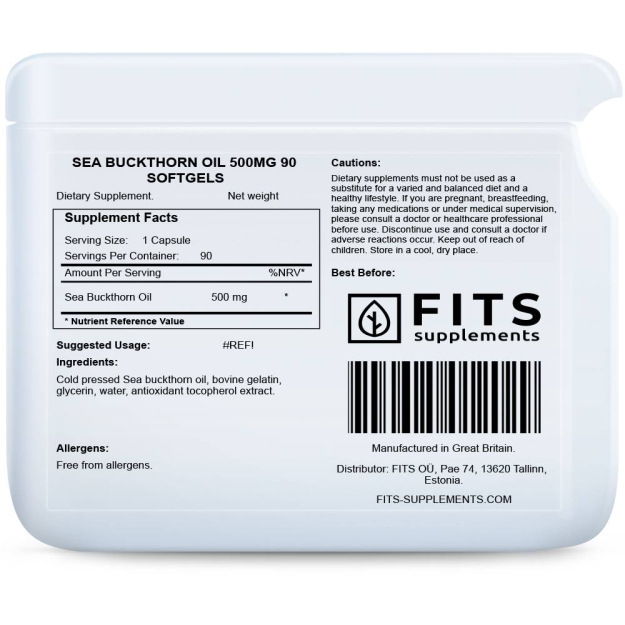 FITS Sea Buckthorn Oil 500mg 90 kapsulės paveikslėlį FITS Sea Buckthorn Oil 500mg 90 kapsulės nuotrauka
