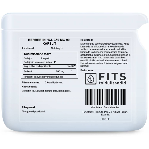 FITS Berberiin HCL 350 mg 90 kapslit pilt FITS Berberiin HCL 350 mg 90 kapslit foto