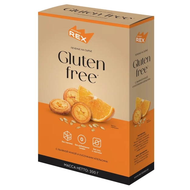 Protein Rex Cookies Gluten Free 200 g - Linų sėmenų miltai ir apelsinų gabaliukai Protein Rex Cookies Gluten Free 200 g - Linų sėmenų miltai ir apelsinų gabaliukai