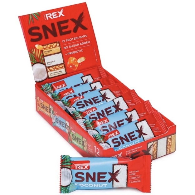 Protein Rex Baltymų batonėlis SNEX 40 g - Kokosas x 12 Protein Rex Baltymų batonėlis SNEX 40 g - Kokosas x 12